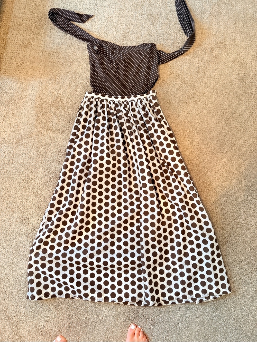 Vintage Two Way Brown Polka Dot Maxi Dress with Stripe Top or Belt - Picture 5 of 11